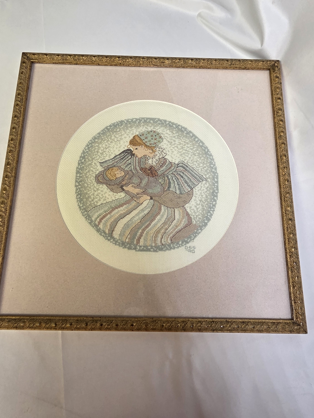 Studio Framed Pink & Cream Cross-Stitch Mother and Child Artwork